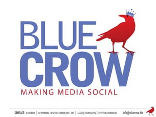 CONTACT:   BLUECROW   | 22 PEMBRIDGE CRESCENT, LONDON, W11 3DS |   +44 (0) 7868260229 | HTTP://BLUECROW.BIZ   info@bluecrow.biz
 