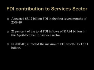 FDI In India Across Different SectorsHotel & Tourism- 100 per cent FDI is permitted for this sector through the automatic route.Trading- For trading companies 100 per cent FDI is allowed for Exports, Bulk Imports , Cash and Carry wholesale trading.Power- FDI allowed is upto 100%Drugs and pharmaceuticals- FDI is allowed upto 100% subject to the fact that the venture does not attract compulsory licensing, does not involve use of recombinant DNA technology.