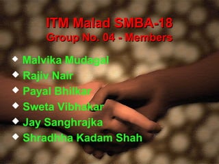 ITM Malad SMBA-18
     Group No. 04 - Members
 Malvika Mudagal
 Rajiv Nair
 Payal Bhilkar
 Sweta Vibhakar
 Jay Sanghrajka
 Shradhha Kadam Shah
 