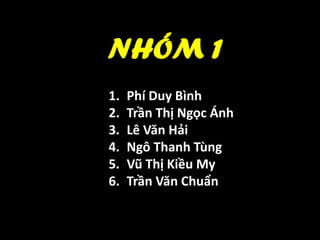 NHÓM 1
1. Phí Duy Bình
2. Trần Thị Ngọc Ánh
3. Lê Văn Hải
4. Ngô Thanh Tùng
5. Vũ Thị Kiều My
6. Trần Văn Chuẩn
 