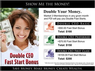 Market 3 Memberships in any given month and FDI will pay you Double Fast Starts. * IMDs Must enroll 3 New CEO Independent Marketing Directors in that calendar month.  Bonuses will be paid with the monthly commission cycle.  See your FDI Training Manual for details. +$50.00 Fast Start Bonus Total: $100  Double +$75.00 Fast Start Bonus Total: $150  Double Double Your Money. Total: $200  Double +$100.00 Fast Start Bonus 