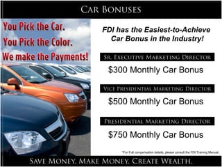 *For Full compensation details, please consult the FDI Training Manual. FDI has the Easiest-to-Achieve  Car Bonus in the Industry! $300 Monthly Car Bonus $500 Monthly Car Bonus $750 Monthly Car Bonus 