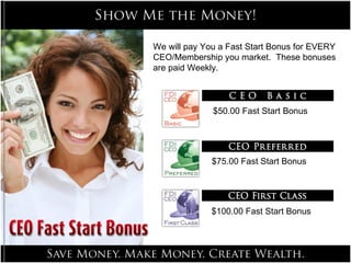 We will pay You a Fast Start Bonus for EVERY  CEO/Membership you market.  These bonuses  are paid Weekly. $50.00 Fast Start Bonus $75.00 Fast Start Bonus $100.00 Fast Start Bonus 