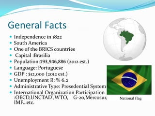 General Facts
 Independence in 1822
 South America
 One of the BRICS countries
 Capital :Brasilia
 Population:193,946,886 (2012 est.)
 Language: Portuguese
 GDP : $12,000 (2012 est.)
 Unemployment R: % 6.2
 Administrative Type: Presedential System
 International Organization Participation
:OECD,UNCTAD ,WTO, G-20,Mercosur,
IMF…etc.
National flag
 