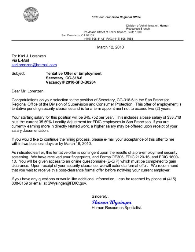 FDIC employment offer