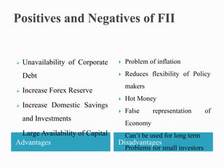    Unavailability of Corporate      Problem of inflation

    Debt                             Reduces flexibility of Policy
                                      makers
   Increase Forex Reserve
                                     Hot Money
   Increase Domestic Savings
                                     False     representation       of
    and Investments
                                      Economy
Large Availability of Capital       Can’t be used for long term
Advantages                        Disadvantages
                                     Problems for small investors
 