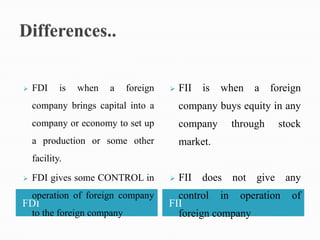    FDI     is   when   a    foreign      FII   is   when   a   foreign
    company brings capital into a          company buys equity in any
    company or economy to set up           company     through    stock
    a production or some other             market.
    facility.
   FDI gives some CONTROL in             FII does not give any
    operation of foreign company         control in operation        of
FDI                                    FII
    to the foreign company               foreign company
 