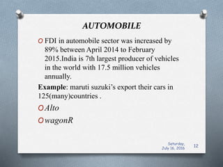 AUTOMOBILE
O FDI in automobile sector was increased by
89% between April 2014 to February
2015.India is 7th largest producer of vehicles
in the world with 17.5 million vehicles
annually.
Example: maruti suzuki’s export their cars in
125(many)countries .
OAlto
OwagonR
Saturday,
July 16, 2016
12
 