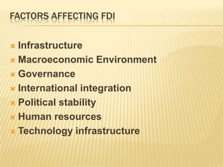FACTORS AFFECTING FDI

 Infrastructure
 Macroeconomic Environment

 Governance

 International integration

 Political stability

 Human resources

 Technology infrastructure
 