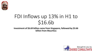FDI Inflows up 13% in H1 to
$16.6b
Investment of $6.69 billion came from Singapore, followed by $3.66
billion from Mauritius
 