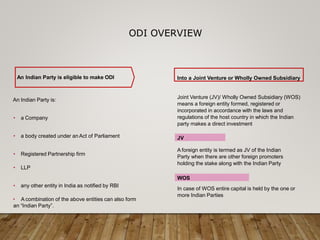 An Indian Party is eligible to make ODI
An Indian Party is:
• a Company
• a body created under an Act of Parliament
• Registered Partnership firm
• LLP
• any other entity in India as notified by RBI
• A combination of the above entities can also form
an “Indian Party”.
A foreign entity is termed as JV of the Indian
Party when there are other foreign promoters
holding the stake along with the Indian Party
In case of WOS entire capital is held by the one or
more Indian Parties
Into a Joint Venture or Wholly Owned Subsidiary
Joint Venture (JV)/ Wholly Owned Subsidiary (WOS)
means a foreign entity formed, registered or
incorporated in accordance with the laws and
regulations of the host country in which the Indian
party makes a direct investment
JV
WOS
ODI OVERVIEW
 