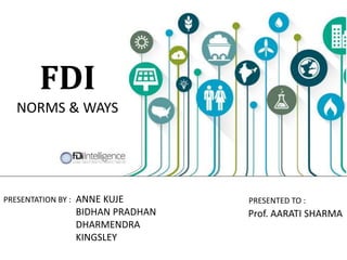 FDI
NORMS & WAYS
PRESENTATION BY : ANNE KUJE
BIDHAN PRADHAN
DHARMENDRA
KINGSLEY
PRESENTED TO :
Prof. AARATI SHARMA
 