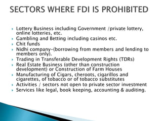  Lottery Business including Government /private lottery,
online lotteries, etc.
 Gambling and Betting including casinos etc.
 Chit funds
 Nidhi company-(borrowing from members and lending to
members only).
 Trading in Transferable Development Rights (TDRs)
 Real Estate Business (other than construction
development) or Construction of Farm Houses
 Manufacturing of Cigars, cheroots, cigarillos and
cigarettes, of tobacco or of tobacco substitutes
 Activities / sectors not open to private sector investment
 Services like legal, book keeping, accounting & auditing.
 