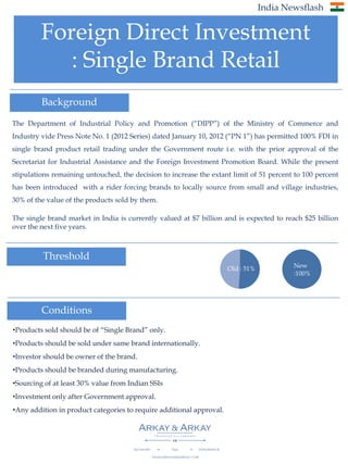 India Newsflash


         Foreign Direct Investment
            : Single Brand Retail
         Background
The Department of Industrial Policy and Promotion (“DIPP”) of the Ministry of Commerce and
Industry vide Press Note No. 1 (2012 Series) dated January 10, 2012 (“PN 1”) has permitted 100% FDI in
single brand product retail trading under the Government route i.e. with the prior approval of the
Secretariat for Industrial Assistance and the Foreign Investment Promotion Board. While the present
stipulations remaining untouched, the decision to increase the extant limit of 51 percent to 100 percent
has been introduced with a rider forcing brands to locally source from small and village industries,
30% of the value of the products sold by them.

The single brand market in India is currently valued at $7 billion and is expected to reach $25 billion
over the next five years.



         Threshold
                                                                      Old : 51%           New
                                                                                          :100%




         Conditions
•Products sold should be of “Single Brand” only.
•Products should be sold under same brand internationally.
•Investor should be owner of the brand.
•Products should be branded during manufacturing.
•Sourcing of at least 30% value from Indian SSIs
•Investment only after Government approval.
•Any addition in product categories to require additional approval.
 