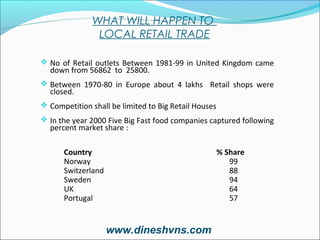 WHAT WILL HAPPEN TO
LOCAL RETAIL TRADE
 No of Retail outlets Between 1981-99 in United Kingdom came

down from 56862 to 25800.

 Between 1970-80 in Europe about 4 lakhs Retail shops were

closed.

 Competition shall be limited to Big Retail Houses
 In the year 2000 Five Big Fast food companies captured following

percent market share :
Country
Norway
Switzerland
Sweden
UK
Portugal

% Share
99
88
94
64
57

www.dineshvns.com

 