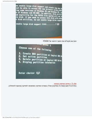 ‫‪ - Fdisk‬אתר המדריכים של פורום חלונות‬




                                                                                             ‫כעת אנו מקבלים את המסך הראשי של ‪:FDISK‬‬




                                                                  ‫שלב ב' – מחיקת המחיצות הקיימות‬
              ‫בוחרים כל פעם בשורה 3 )מחיקה( ואח"כ בשורת המחיצה המתאימה למחיקה )מהסוף להתחלה(.‬




‫]13:83:91 0102/21/32[ )51 ךותמ 4( ‪.htm‬תונולח םורופ לש םיכירדמה רתא - ‪file:///C|/haim/Fdisk‬‬
 