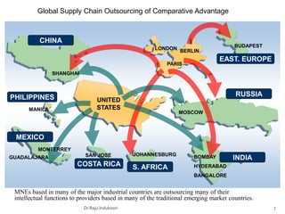 Dr Raju Indukoori
CHINA
PHILIPPINES
MEXICO
COSTA RICA S. AFRICA
INDIA
RUSSIA
EAST. EUROPE
UNITED
STATES
LONDON
PARIS
BERLIN
BUDAPEST
BOMBAY
HYDERABAD
BANGALORE
JOHANNESBURG
SAN JOSE
GUADALAJARA
MANILA
MOSCOW
MONTERREY
SHANGHAI
Data: Gartner, McKinsey, BW
Global Supply Chain Outsourcing of Comparative Advantage
MNEs based in many of the major industrial countries are outsourcing many of their
intellectual functions to providers based in many of the traditional emerging market countries.
7
 