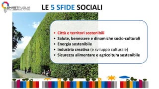 LE 5 SFIDE SOCIALI
• Città e territori sostenibili
• Salute, benessere e dinamiche socio-culturali
• Energia sostenibile
•...