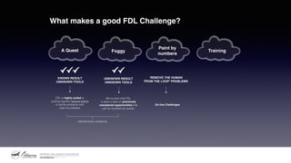 Foggy
UNKNOWN RESULT
UNKNOWN TOOLS
We’ve seen that FDL
is able to take on previously
unexplored opportunities that
can be revisited as quests.
A Quest
KNOWN RESULT
UNKNOWN TOOLS
FDL is highly suited to
pulling together tailored teams
to tackle problems with
clear boundaries.
Paint by
numbers
‘REMOVE THE HUMAN
FROM THE LOOP’ PROBLEMS
On-line Challenges
INSPIRATIONAL NARRATIVE
Training
What makes a good FDL Challenge?
 