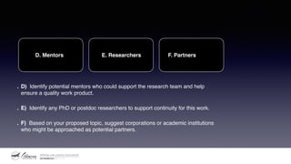 . D)  Identify potential mentors who could support the research team and help
ensure a quality work product.  
. E)  Identify any PhD or postdoc researchers to support continuity for this work. 
. F)  Based on your proposed topic, suggest corporations or academic institutions
who might be approached as potential partners.
D. Mentors E. Researchers F. Partners
 