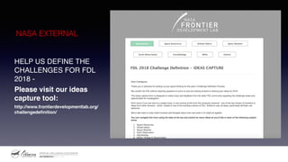 HELP US DEFINE THE
CHALLENGES FOR FDL
2018 -
Please visit our ideas
capture tool:
http://www.frontierdevelopmentlab.org/
challengedeﬁnition/
NASA EXTERNAL
 