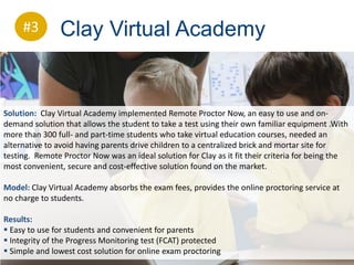 #3        Clay Virtual Academy


Solution: Clay Virtual Academy implemented Remote Proctor Now, an easy to use and on-
demand solution that allows the student to take a test using their own familiar equipment .With
more than 300 full- and part-time students who take virtual education courses, needed an
alternative to avoid having parents drive children to a centralized brick and mortar site for
testing. Remote Proctor Now was an ideal solution for Clay as it fit their criteria for being the
most convenient, secure and cost-effective solution found on the market.

Model: Clay Virtual Academy absorbs the exam fees, provides the online proctoring service at
no charge to students.

Results:
 Easy to use for students and convenient for parents
 Integrity of the Progress Monitoring test (FCAT) protected
 Simple and lowest cost solution for online exam proctoring                              18
 