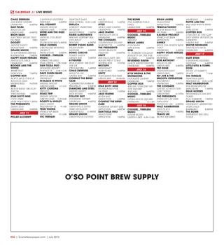 R34  |  SceneNewspaper.com  | July 2015
CALENDAR // LIVE MUSIC
O’SO POINT BREW SUPPLY
CHAD DEMEUSE
DOCKSIDE TAVERN
OSHKOSH	6:00PM
DAN TULSA
REGATTA 220
GREEN BAY	 6:00PM
BRON SAGE
EASTWEST MUSIC FEST
DE PERE	 TBD
DOOZEY
SKINNY DAVE’S
MOUNTAIN	9:00PM
GRAND UNION
ST KATHERINE DREXEL
KAUKAUNA	7:00PM
HAPPY HOUR HEROES
FRATELLO’S DECK
OSHKOSH	6:00PM
BOOGIE AND THE
YOYOZ
WEBB FEST
NEKOOSA	7:00PM
COPPER BOX
BEAUX ARTS STAGE @
BASTILLE DAYS
MILWAUKEE	9:45PM
RPM
BEACH BASH- 500 ZLAT-
NIK DR.
TWO RIVERS	 7:00PM
STAR SIXTY NINE
CIVIC PARK
NEW HOLSTEIN	7:30PM
THE PRESIDENTS
JIMMY SEAS
GREEN BAY	 9:00PM
JULY 11
POLAR ALCHEMY
CANNOVA’S PIZZERIA
NEENAH	6:00PM
BILL STEINERT
HEIDEL HOUSE
GREEN LAKE	 7-10:00
WIFEE AND THE HUZZ
BAND
ANNUAL TUG BOAT
PARTY
STURGEON BAY	12:00PM
DEAD HORSES
GREENLAKE RENEWAL
PROJECT
PRINCETON	6:00PM
COOKEE...TIMELESS
MUSIC
GIBRALTAR GRILL
FISH CREEK	 7:30-10:00
DAN TULSA DUO
HOOKERS RESORT
POYNETTE	8:30-12:30
DAVE OLSEN BAND
BRIDGE BAR
FREMONT	4-8:00
IN BLACK N WHITE
HEIDEL HOUSE
GREEN LAKE	 12-2:45
KITTY CORONA
PRIVATE
ROAD TRIP
HEIDEL HOUSE
GREEN LAKE	 3:30-6:00
ROSETTI & WIGLEY
ISLE CASINO
WATERLOO IA	 9-1:00
TEDD YOUNG
WORLD OF BEER
APPLETON	9-12:00
VIC FERRARI
HERITAGE DAYS
NEILLSVILLE	8:30-12:00
REPLICA
SUBFEST- MARITIME
MUSEUM
MANITOWOC	7:30PM
RABID AARDVARKS
WAUSAU AIRPORT-BAL-
LON RALLY
WAUSAU	6:30PM
BOBBY EVANS BAND
HEADLINERS
NEENAH	6:00PM
SONIC CIRCUS
PEARLY GATES
GREEN BAY	 5:00PM
6 FIGURES
BEACH BASH- 500 ZLAT-
NIK DR.
TWO RIVERS	 1:00PM
CHAD DEMEUSE
REGATTA 220
GREEN BAY	 6:00PM
CONSULT THE BRIEF-
CASE
CLEARWATER HARBOR
WAUPACA	9:30PM
DIAMOND AND STEEL
SKINNY DAVE’S
MOUNTAIN	9:00PM
FOLLOW SUIT
DOCKSIDE TAVERN
OSHKOSH	8:00PM
GRAND UNION
GREENVILLE LIONS
PARK PAVILLION
GREENVILLE	11:00PM
GRAND UNION
GREENVILLE CATFISH
RACES
GREENVILLE	5:30PM
HYDE
MOLE LAKE CASINO
CRANDON	9:00PM
JAKE WARNE
FRATELLO’S DECK
OSHKOSH	6:00PM
THE COUGARS
STEPHENSON ISLAND
MARINETTE	6:00PM
THE PRESIDENTS
SHORT BRANCH
NEENAH	10:00PM
UNITY
BASTILLE DAYS- KIL-
BOURN WEST STAGE
MILWAUKEE	9:45PM
MIXTAPE
MINESHAFT
HARTFORD	9:30PM
UNITY
HAEGEMEISTER PARK
GREEN BAY	 10:30AM
JULY 12
STAR SIXTY NINE
PLANK ROAD PUB
DE PERE	 5:30PM
JAKE WARNE
RIVER RAIL
SHIOCTON	3:00PM
CONSULT THE BRIEF-
CASE
GAMEDAY SPORTS BAR
APPLETON	4:00PM
DAN TULSA TRIO
FLAGSTONE
APPLETON	5:00PM
THE BOMB
FOX HARBOR PUB &
GRILL
GREEN BAY	 6:00PM
JULY 14
COOKEE...TIMELESS
MUSIC
PRIVATE
BRIAN JAMES
PULLMANS
APPLETON	6:00PM
RPM
ST. NORBERT COLLEGE-
KNIGHTS ON THE FOX
DE PERE	 6:00PM
REVEREND RAVEN
LEACH AMPHITHEATRE
OSHKOSH	6:00PM
JULY 15
KYLE MEGNA & THE
MONSOONS
DOCKSIDE TAVERN
OSHKOSH	7:00PM
COPPER BOX
WAUSAU CONCERT ON
THE SQUARE
WAUSAU	6:00PM
COOKEE...TIMELESS
MUSIC
OPERA HOUSE SQUARE
OSHKOSH	12-1:00
JULY 16
COOKEE...TIMELESS
MUSIC
GOOSE BLIND
GREEN LAKE	 8:30-12:00
BRIAN JAMES
FLAGSTONE
APPLETON	6:00PM
TEQUILA TANGO
PLANK ROAD PUB
DE PERE	 5:00PM
KAI-MAN PROJECT
WORLD OF BEER
APPLETON	9:00PM
ANNEX
ROCK USA-NORTH BEER
TENT
OSHKOSH	3:30PM
HAPPY HOUR HEROES
ANDUZZIS
HOWARD	7:00PM
ROB ANTHONY
REGATTA 220
GREEN BAY	 6:00PM
TED EGGE
ANDUZZIS-EAST
GREEN BAY	 7:00PM
SLY JOE & THE
SMOOTH OPERATORS
WATERFEST
OSHKOSH	5:30PM
THE COUGARS
LEICHT AT NITE CON-
CERT SERIES
GREEN BAY	 6:15PM
THE PRESIDENTS
FOND DU LAC FAIR-
GROUNDS
FOND DU LAC	 6:00PM
WALT HAMBURGER
JIM’S PLACE
APPLETON	9:00PM
TRAVIS LEE
BLIND SQUIRREL
SHAWANO	6:00PM
PATTIE AND FAZ
RED AND WHITE WINE
BAR
APPLETON	5:30PM
COPPER BOX
CONCERT AT THE GAR-
DEN SERIES- BOTANICAL
GARDENS
GREEN BAY	 6:00PM
WAYNE NEUMANN
FRATELLO’S DECK
OSHKOSH	6:00PM
JULY 17
KURT STEIN
CANNOVA’S PIZZERIA
NEENAH	6:00PM
LITTLE VITO & TORPE-
DOES
MUSIC AT HARRY’S
PLACE	 7-9:00
VIC FERRARI
HERITAGE DAYS
WAVERLY IA	 8:30-12:00
WALT HAMBURGER
FOX RIVER HOUSE
APPLETON	7:30PM
DEAD HORSES
WOODWALK CONCERT
SERIES
EGG HARBOR	 7:00PM
GRAND UNION
PAPERFEST- AMPHITHE-
ATER STAGE
KIMBERLY	8:00PM
THE BOMB
PAPERFEST-BIG HILL
STAGE
 
