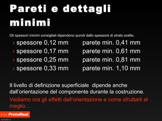 Pareti e dettagli minimi  Gli spessori minimi consigliati dipendono quindi dallo spessore di strato scelto. spessore 0,12 mm  parete min. 0,41 mm spessore 0,17 mm  parete min. 0,61 mm spessore 0,25 mm  parete min. 0,81 mm spessore 0,33 mm  parete min. 1,10 mm Il livello di definizione superficiale  dipende anche dall’orientazione del componente durante la costruzione. Vediamo ora gli effetti dell’orientazione e come sfruttarli al meglio… 
