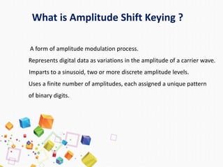 A form of amplitude modulation process.
Represents digital data as variations in the amplitude of a carrier wave.
Imparts to a sinusoid, two or more discrete amplitude levels.
Uses a finite number of amplitudes, each assigned a unique pattern
of binary digits.
What is Amplitude Shift Keying ?
 