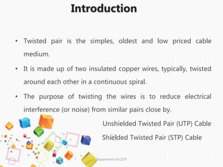 Introduction
• Twisted pair is the simples, oldest and low priced cable
medium.
• It is made up of two insulated copper wires, typically, twisted
around each other in a continuous spiral.
• The purpose of twisting the wires is to reduce electrical
interference (or noise) from similar pairs close by.
Unshielded Twisted Pair (UTP) Cable
– Shielded Twisted Pair (STP) Cable
Department of CE/IT
 
