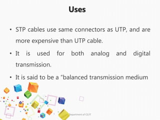 Uses
• STP cables use same connectors as UTP, and are
more expensive than UTP cable.
• It is used for both analog and digital
transmission.
• It is said to be a “balanced transmission medium
Department of CE/IT
 