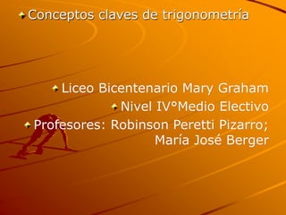 Conceptos claves de trigonometría
Liceo Bicentenario Mary Graham
Nivel IV°Medio Electivo
Profesores: Robinson Peretti Pizarro;
María José Berger
 