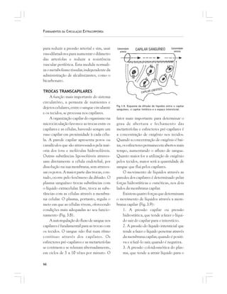 66
FUNDAMENTOS DA CIRCULAÇÃO EXTRACORPÓREA
para reduzir a pressão arterial e sim, usar
vasodilatadoresparaaumentarodiâmetro
das arteríolas e reduzir a resistência
vascular periférica. Esta medida normali-
zaometabolismotissular,independenteda
administração de alcalinizantes, como o
bicarbonato.
TROCAS TRANSCAPILARES
A função mais importante do sistema
circulatório, a permuta de nutrientes e
dejetoscelulares,entreosanguecirculante
e os tecidos, se processa nos capilares.
A organização capilar do organismo na
microcirculação favorece as trocas entre os
capilares e as células, havendo sempre um
vaso capilar em proximidade à cada célu-
la. A parede capilar apresenta poros ou
canalículos que são atravessados pela mai-
oria dos íons e moléculas hidrosolúveis.
Outras substâncias lipossolúveis atraves-
sam diretamente a célula endotelial, por
dissolução na sua membrana, sem atraves-
sar os poros. A maior parte das trocas, con-
tudo, ocorre pelo fenômeno da difusão. O
plasma sanguíneo trocas substâncias com
o líquido extracelular. Este, troca as subs-
tâncias com as células através a membra-
na celular. O plasma, portanto, regula o
meio em que as células vivem, oferecendo
condições mais adequadas ao seu funcio-
namento (Fig. 3.8).
Aautoregulaçãodofluxodesanguenos
capilares é fundamental para as trocas com
os tecidos. O sangue não flui num rítmo
contínuo através dos capilares. Os
esfincteres pré-capilares e as metarteríolas
se contraem e se relaxam alternadamente,
em ciclos de 5 a 10 vêzes por minuto. O
fator mais importante para determinar o
grau de abertura e fechamento das
metarteríolas e esfincteres pré-capilares é
a concentração de oxigênio nos tecidos.
Quando a concentração de oxigênio é bai-
xa, os esfincteres permanecem abertos mais
tempo, aumentando o afluxo de sangue.
Quanto maior for a utilização de oxigênio
pelos tecidos, maior será a quantidade de
sangue que flui pelos capilares.
O movimento de líquidos através as
paredes dos capilares é determinado pelas
forças hidrostáticas e osmóticas, nos dois
lados da membrana capilar.
Existemquatroforçasquedeterminam
o movimento de líquidos através a mem-
brana capilar (Fig. 3.9):
1. A pressão capilar ou pressão
hidrostática, que tende a fazer o líqui-
do sair do capilar para o interstício.
2. A pressão do líquido intersticial que
tende a fazer o líquido penetrar através
da membrana capilar, quando é positi-
va e a fazê-lo sair, quando é negativa.
3. A pressão coloidosmótica do plas-
ma, que tende a atrair líquido para o
Fig.3.8. Esquema da difusão de líquidos entre o capilar
sanguíneo, o capilar linfático e o espaço intersticial.
 
