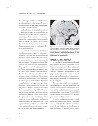 70
FUNDAMENTOS DA CIRCULAÇÃO EXTRACORPÓREA
zão, a circulação cerebral se sustenta através
demúltiplasfontes,todascapazesdesupriro
sanguenecessárioaoadequadofuncionamen-
to celular do tecido cerebral.
A distribuição da circulação arteriolar
e capilar que irriga o tecido cerebral é se-
melhante ao que foi descrito para os de-
mais órgãos. Após percorrer o vasto siste-
ma capilar, o sangue alcança o sistema de
veias do cérebro, de paredes muito delga-
das, bastante elásticas, com amplas e re-
dundantes anastomoses e totalmente des-
providas de válvulas.
As veias do cérebro estão distribuídas
em três sistemas principais: as veias super-
ficiais ou corticais, que acompanham as
principais regiões dos hemisférios cerebrais;
as veias dos núcleos centrais e as veias da
base do crânio. As veias superficiais dre-
nam em dois seios venosos, o seio longitu-
dinal superior e o seio longitudinal inferi-
or.Outrasveiassuperficiaisalcançamabase
do crânio onde formam o seio cavernoso.
As veias dos núcleos centrais formam dois
troncos volumosos (veias de Galeno), que
fundem-se em um único tronco venoso,
enquanto que as veias da base do crânio
(veias basilares), acompanham aproxima-
damente a distribuição das artérias do
polígono de Willis e unem-se em outras
duas veias calibrosas (fig 3.11). Os siste-
mas venosos cerebrais anastomosam-se
amplamente, formando uma rede de gran-
de capacidade e baixa resistência, até se
constituir nos seios laterais, verdadeiros
lagos venosos que se continuam com a veia
jugular interna de cada lado do crânio. As
veias jugulares internas drenam o sangue
do cérebro para a veia cava superior.
CIRCULAÇÃO DA MEDULA
A circulação arterial da medula espi-
nhal provém de ramos originados nas ar-
térias vertebrais, na aorta descendente (ar-
térias intercostais) e na aorta abdominal
(artérias lombares). A arquitetura da irri-
gação medular é variável entre os indiví-
duos, ora predominando a origem verte-
bral ora predominando a origem intercos-
tal da irrigação.
Na maioria dos indivíduos a medula é
irrigada por três artérias principais, que
correm paralelas ao seu eixo longitudinal;
uma artéria medular anterior e duas arté-
rias medulares posteriores. Cerca de 75%
daáreatransversaldamedulasãoirrigados
pela artéria medular anterior.
A artéria medular anterior é formada
pelos ramos medulares direito e esquerdo
que se originam das artérias vertebrais,
antes da sua fusão em artéria basilar, na
base do crânio. À medida que a artéria
Fig 3.11. Representa os sistemas venosos do retorno
cerebral. Há três sistemas principais que se comunicam
amplamente e acompanham aproximadamente a
distribuição das artérias do polígono de Willis. Os seios
venosos unem-se e terminam por desembocar nas veias
jugulares internas direita e esquerda. O sistema venoso
intracraniano não possui válvulas.
 
