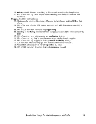 Ramakrishna Dasiga, Faculty in Management, ADC-RJY 14
61. Video content is 50 times more likely to drive organic search traffic than plain text.
62. 32% of marketers say visual images are the most important form of content for their
businesses.
Blogging Statistics for Marketers
63. Marketers who prioritize blogging are 13x more likely to have a positive ROI on their
efforts.
64. 61% of the most effective B2B content marketers meet with their content team daily or
weekly.
65. 64% of B2B marketers outsource blog copywriting.
66. Spending on marketing automation tools is expected to reach $25.1 billion annually by
2023.
67. 60% of marketers have a documented personalization strategy.
68. 57% of marketers say they’ve gained customers specifically through blogging.
69. 53% of marketers say blogging is their top content marketing priority.
70. B2B marketers who have blogs get 67% more leads than those who don’t.
71. Around 60% of marketer will reuse blog content 2-3 times.
72. 60% of B2B marketers struggle with creating engaging content.
 