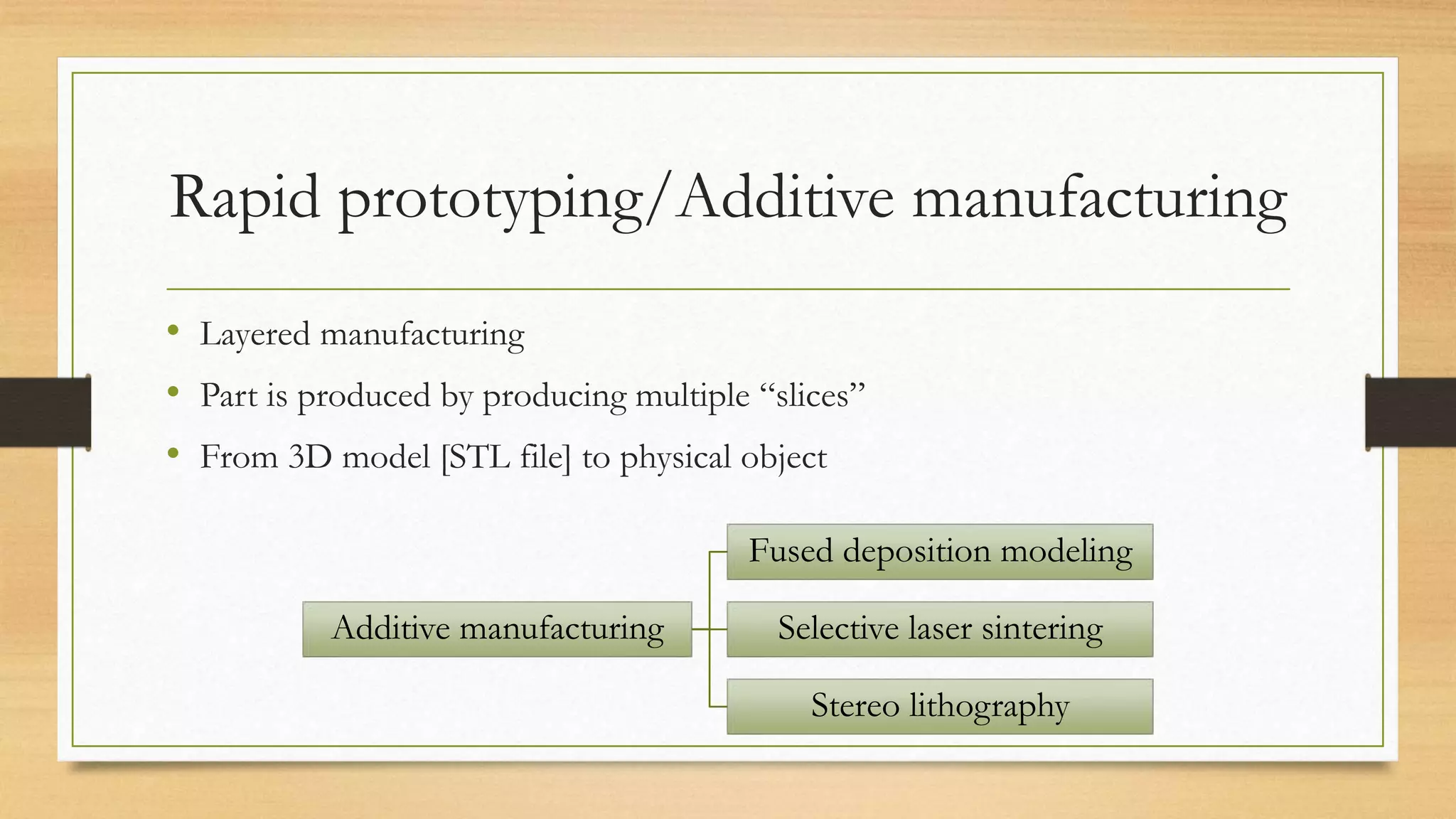 Rapid prototyping/Additive manufacturing
• Layered manufacturing
• Part is produced by producing multiple “slices”
• From 3D model [STL file] to physical object
Additive manufacturing
Fused deposition modeling
Selective laser sintering
Stereo lithography
 