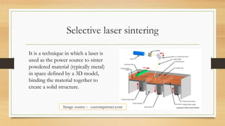 Selective laser sintering
It is a technique in which a laser is
used as the power source to sinter
powdered material (typically metal)
in space defined by a 3D model,
binding the material together to
create a solid structure.
Image source :- custompartnet.com
 