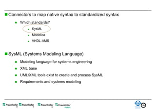  Connectors to map native syntax to standardized syntax
        Which standards?
                SysML
                Modelica
                VHDL-AMS



 SysML (Systems Modeling Language)
        Modeling language for systems engineering
        XML base
        UML/XML tools exist to create and process SysML
        Requirements and systems modeling
 