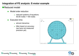 Integration of FE analysis: E-motor example
 Reduced model
       Model order reduction
               reduced systems of equations:
                50.00 nodes > 100 nodes
       Execution time
               almost interactive
               little impact on accuracy
                (we have not measured
                precision yet)
 
