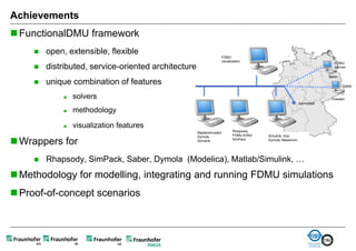 Achievements
 FunctionalDMU framework
        open, extensible, flexible
                                                                    FDMU
                                                                    visualization
                                                                                                                             FDMU
        distributed, service-oriented architecture                                                                          service
                                                                                                                             s
                                                                                                                          Berlin
        unique combination of features                                                                                            Saber


                solvers                                                                                                   Dresden
                                                                                                              Darmstadt

                methodology

                visualization features
                                                      Mastersimulator      Rhapsody
                                                                           FDMU-Editor   Simulink, Visu

 Wrappers for
                                                      Dymola
                                                      Simulink             SimPack       Dymola, Mastersim.




        Rhapsody, SimPack, Saber, Dymola (Modelica), Matlab/Simulink, …
 Methodology for modelling, integrating and running FDMU simulations
 Proof-of-concept scenarios
 