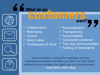 Collaboration Relevancy Choice Good value Trust/peace of mind Personalization Transparency Accountability Consistent presence Two way communication Feeling of importance  “ Conversations among the members of your marketplace happen whether you like it or not. Good marketing encourages the right sort of conversations .” –  Seth Godin, Seth’s Blog 