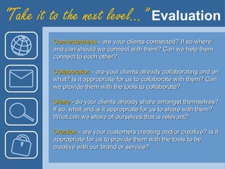 “ Take it to the next level…”  Evaluation Connectedness  - are your clients connected? If so where and can/should we connect with them? Can we help them connect to each other? Collaboration  - are your clients already collaborating and on what? Is it appropriate for us to collaborate with them? Can we provide them with the tools to collaborate? Share  - do your clients already share amongst themselves? If so, what and is it appropriate for us to share with them? What can we share of ourselves that is relevant? Creation  - are your customers creating and/or creative? Is it appropriate for us to provide them with the tools to be creative with our brand or service? 