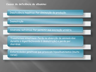 Causas da deficiência de albumina:
Insuficiência hepática: Por diminuição da produção.
Desnutrição
Síndrome nefrótica: Por permitir sua excreção urinária.
Transtornos intestinais: Perda na absorção de aminoácidos
durante a digestão(levando à desnutrição) e perda por
diarréias.
Enfermidades genéticas que provocam hipoalbuminemia (muito
raras).
 
