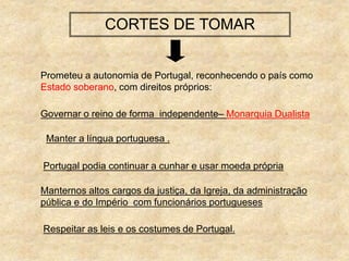 CORTES DE TOMAR
Prometeu a autonomia de Portugal, reconhecendo o país como
Estado soberano, com direitos próprios:
Manter a língua portuguesa .
Portugal podia continuar a cunhar e usar moeda própria
Manternos altos cargos da justiça, da Igreja, da administração
pública e do Império com funcionários portugueses
Governar o reino de forma independente– Monarquia Dualista
Respeitar as leis e os costumes de Portugal.
 