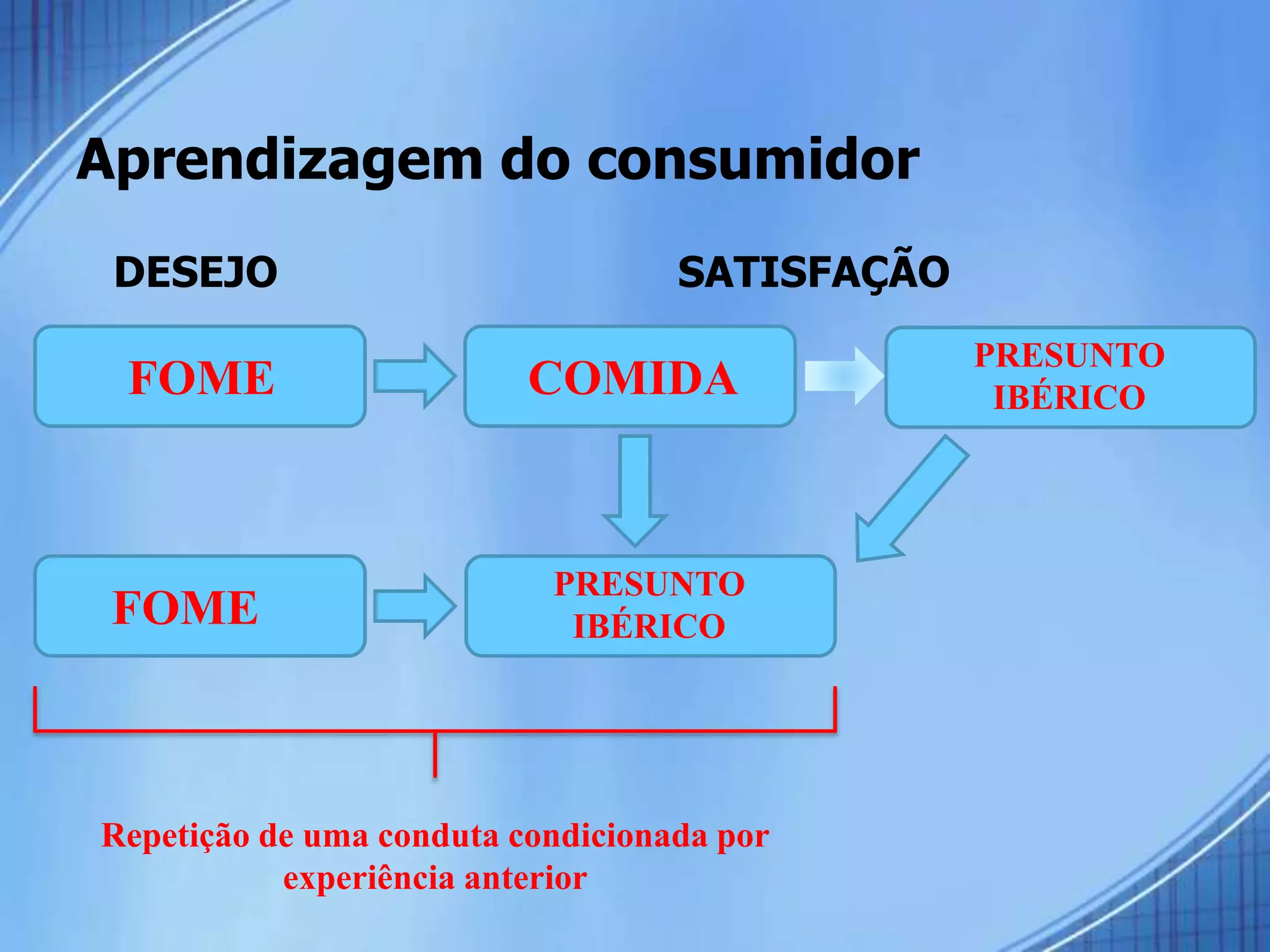Aprendizagem do consumidor
DESEJO SATISFAÇÃO
FOME COMIDA
PRESUNTO
IBÉRICO
FOME
PRESUNTO
IBÉRICO
Repetição de uma conduta condicionada por
experiência anterior
 