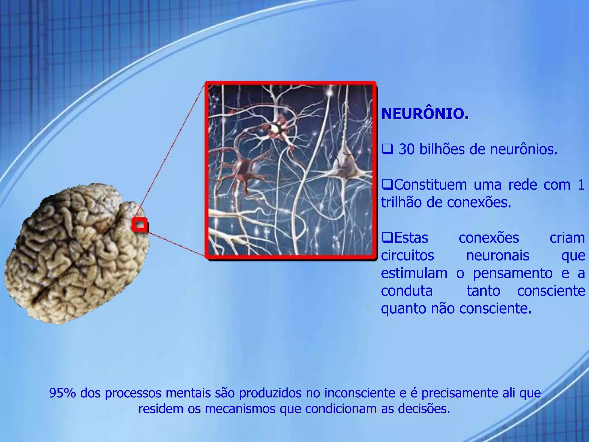 NEURÔNIO.
 30 bilhões de neurônios.
Constituem uma rede com 1
trilhão de conexões.
Estas conexões criam
circuitos neuronais que
estimulam o pensamento e a
conduta tanto consciente
quanto não consciente.
95% dos processos mentais são produzidos no inconsciente e é precisamente ali que
residem os mecanismos que condicionam as decisões.
 