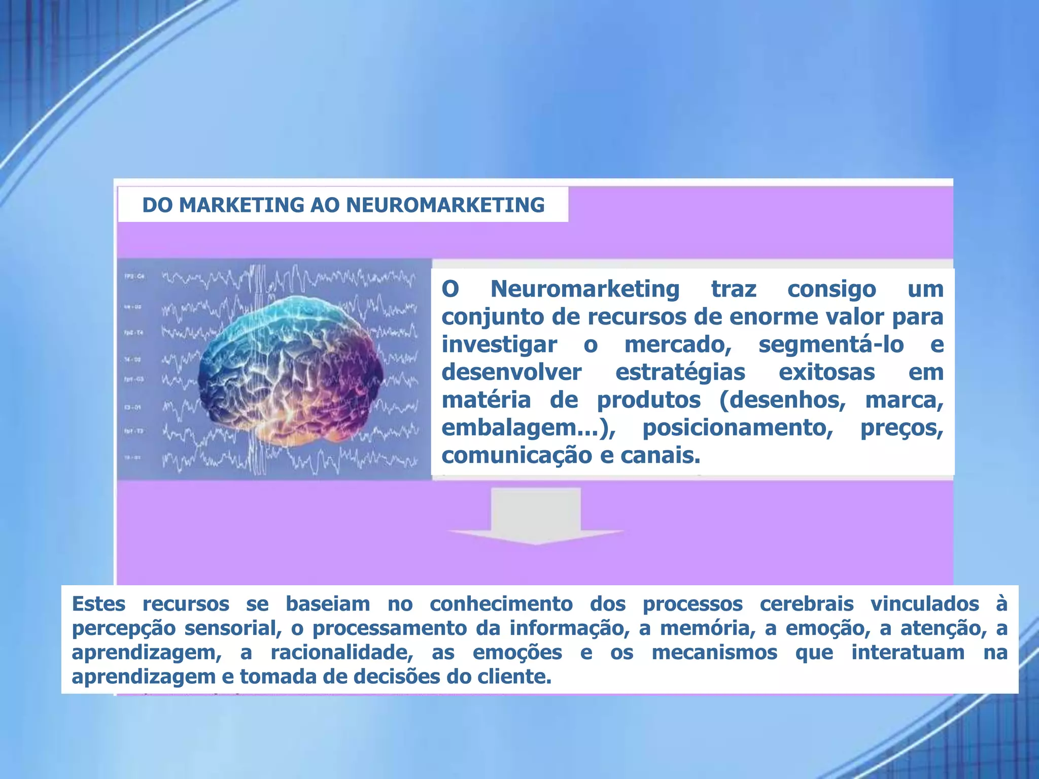 DO MARKETING AO NEUROMARKETING
O Neuromarketing traz consigo um
conjunto de recursos de enorme valor para
investigar o mercado, segmentá-lo e
desenvolver estratégias exitosas em
matéria de produtos (desenhos, marca,
embalagem...), posicionamento, preços,
comunicação e canais.
Estes recursos se baseiam no conhecimento dos processos cerebrais vinculados à
percepção sensorial, o processamento da informação, a memória, a emoção, a atenção, a
aprendizagem, a racionalidade, as emoções e os mecanismos que interatuam na
aprendizagem e tomada de decisões do cliente.
 