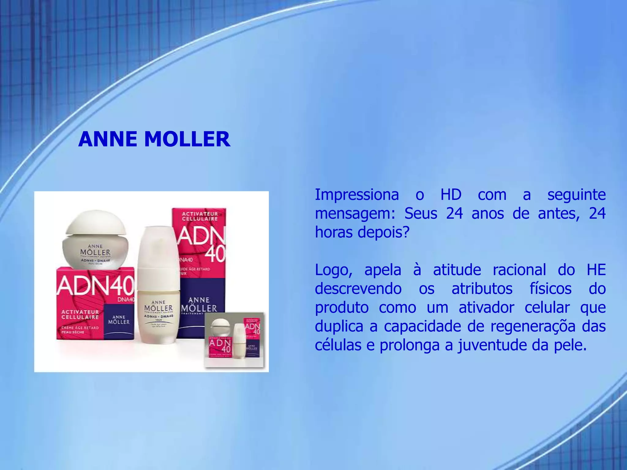 ANNE MOLLER
Impressiona o HD com a seguinte
mensagem: Seus 24 anos de antes, 24
horas depois?
Logo, apela à atitude racional do HE
descrevendo os atributos físicos do
produto como um ativador celular que
duplica a capacidade de regeneraçõa das
células e prolonga a juventude da pele.
 