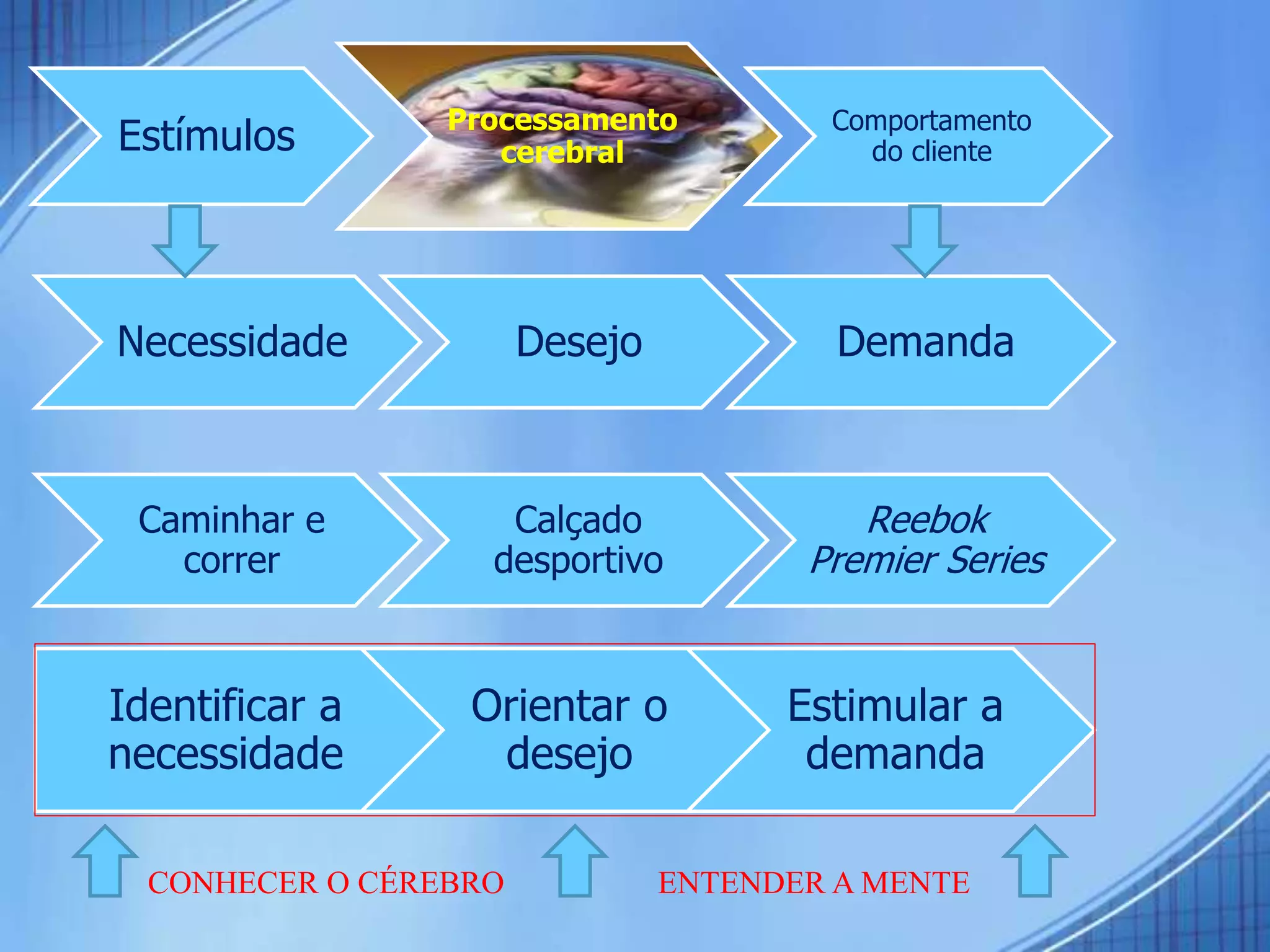 Estímulos Processamento
cerebral
Comportamento
do cliente
Necessidade Desejo Demanda
Caminhar e
correr
Calçado
desportivo
Reebok
Premier Series
Identificar a
necessidade
Orientar o
desejo
Estimular a
demanda
CONHECER O CÉREBRO ENTENDER A MENTE
 