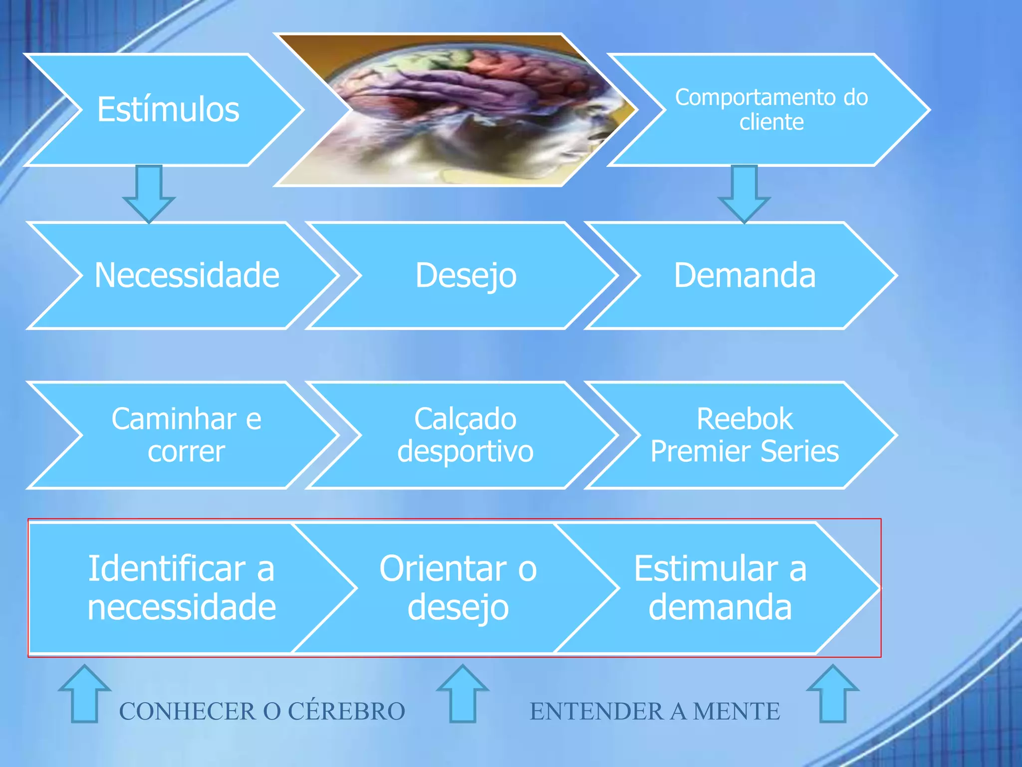 Estímulos Comportamento do
cliente
Necessidade Desejo Demanda
Caminhar e
correr
Calçado
desportivo
Reebok
Premier Series
Identificar a
necessidade
Orientar o
desejo
Estimular a
demanda
CONHECER O CÉREBRO ENTENDER A MENTE
 